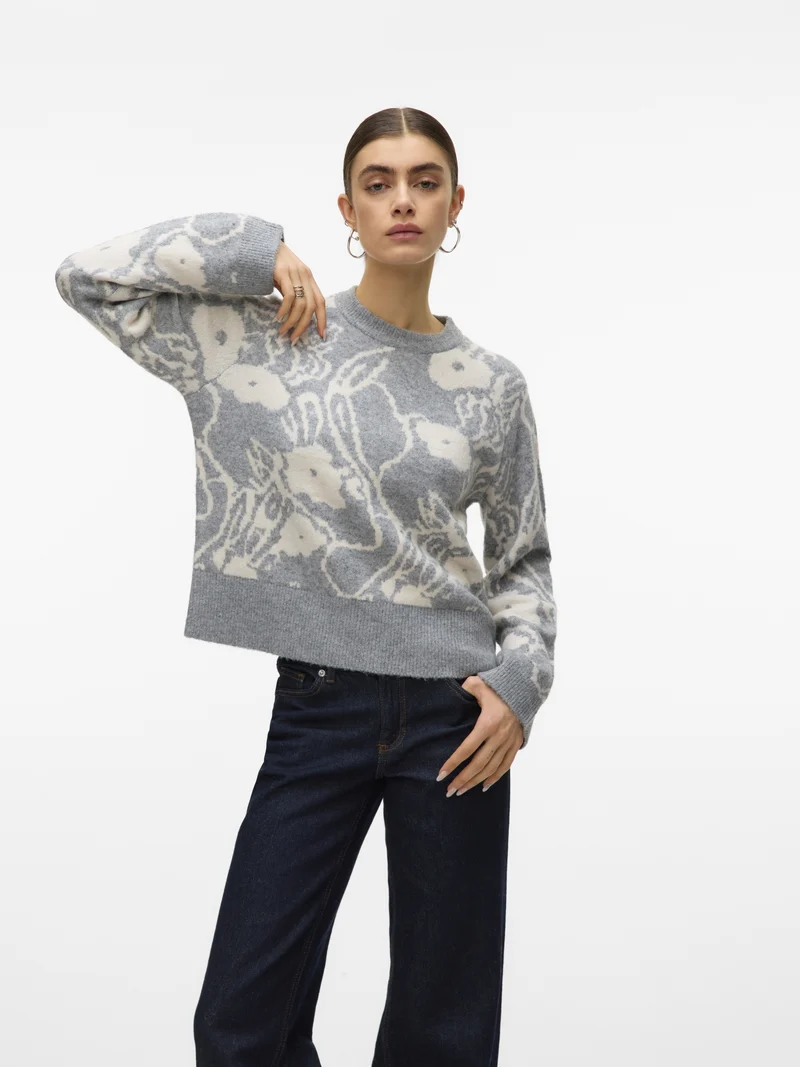VMKAILA LS O-NECK PULLOVER BOO, Medium Grey Melange/W. BIRCH