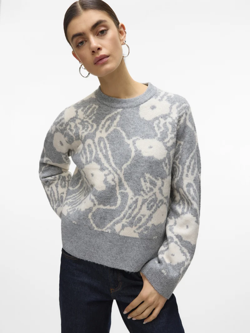 VMKAILA LS O-NECK PULLOVER BOO, Medium Grey Melange/W. BIRCH
