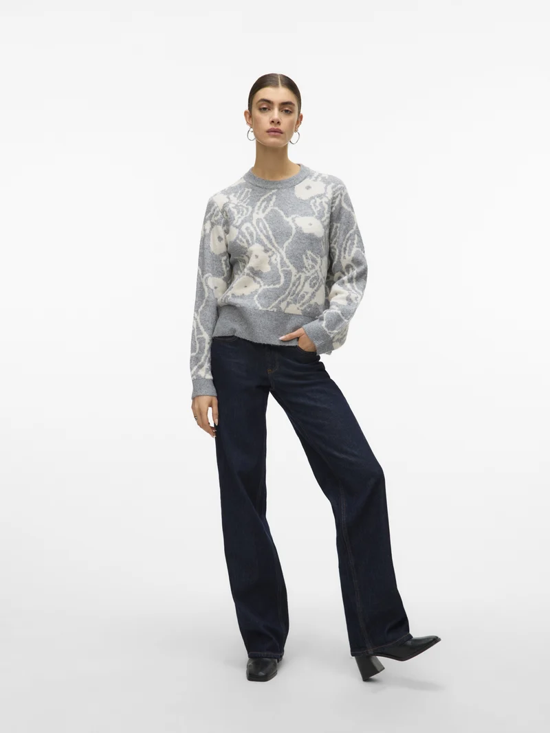 VMKAILA LS O-NECK PULLOVER BOO, Medium Grey Melange/W. BIRCH