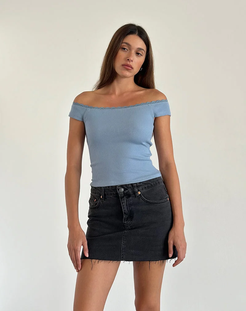 Chacha Geripptes Bardot-Top aus blauer Spitze in Nantucket