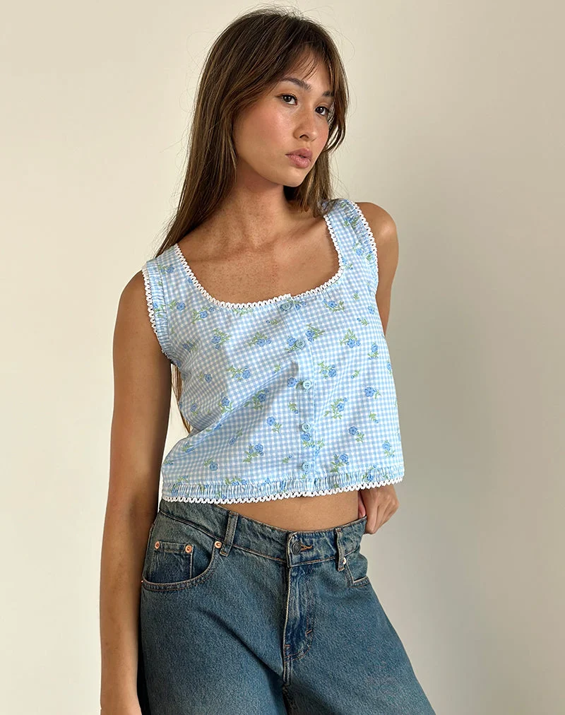 Ternya Top in blauem Blumengingham
