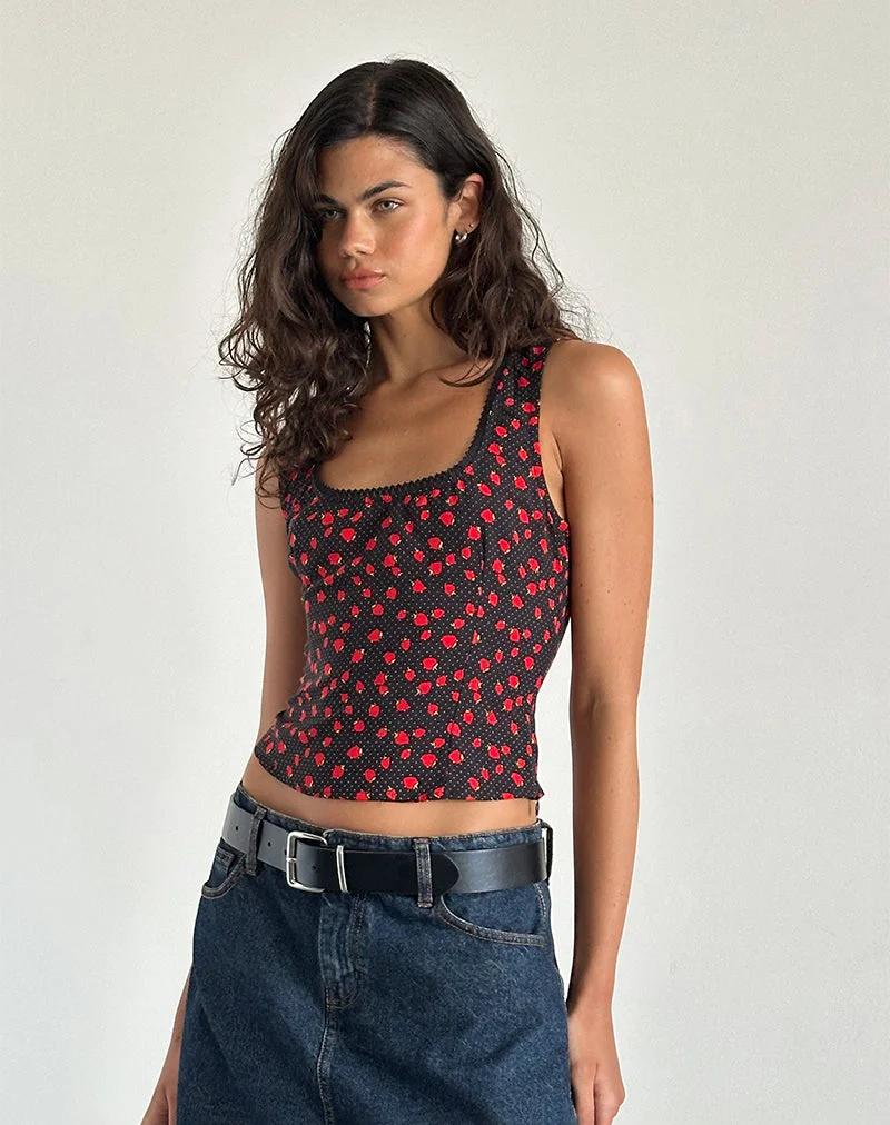 Carys Vest Top in Strawberry Polka Schwarz