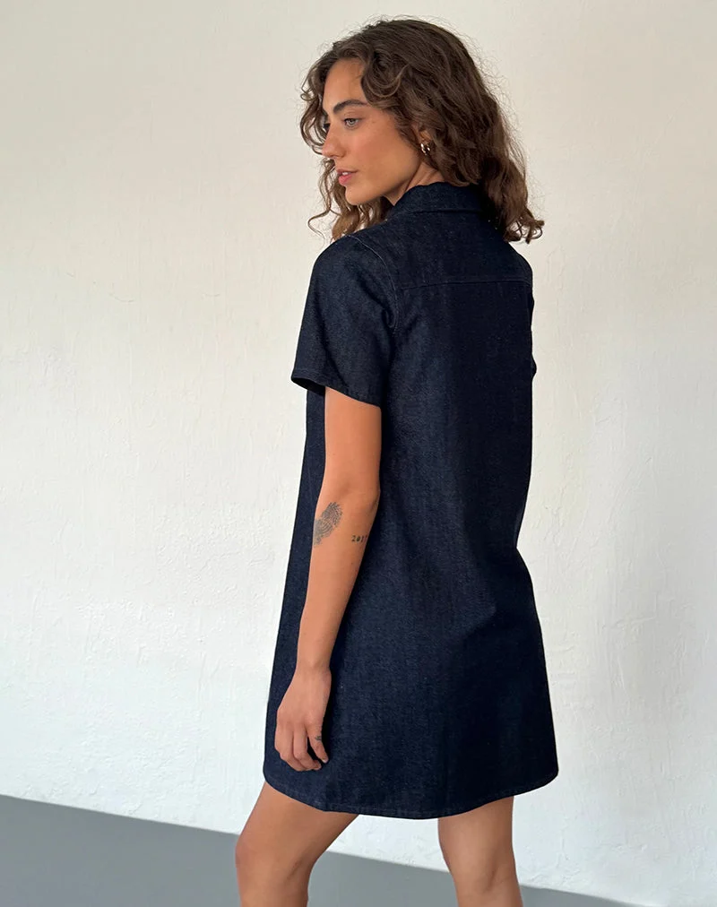Reiga Smock Minikleid aus Denim Indigo