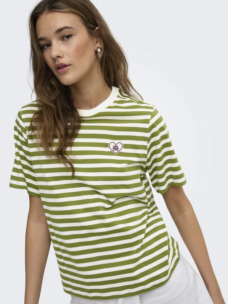 ONLLIVINA S/S O-NECK STRIPE TOP BOX, Cardamom Seed/Cd + emb. grl pwr