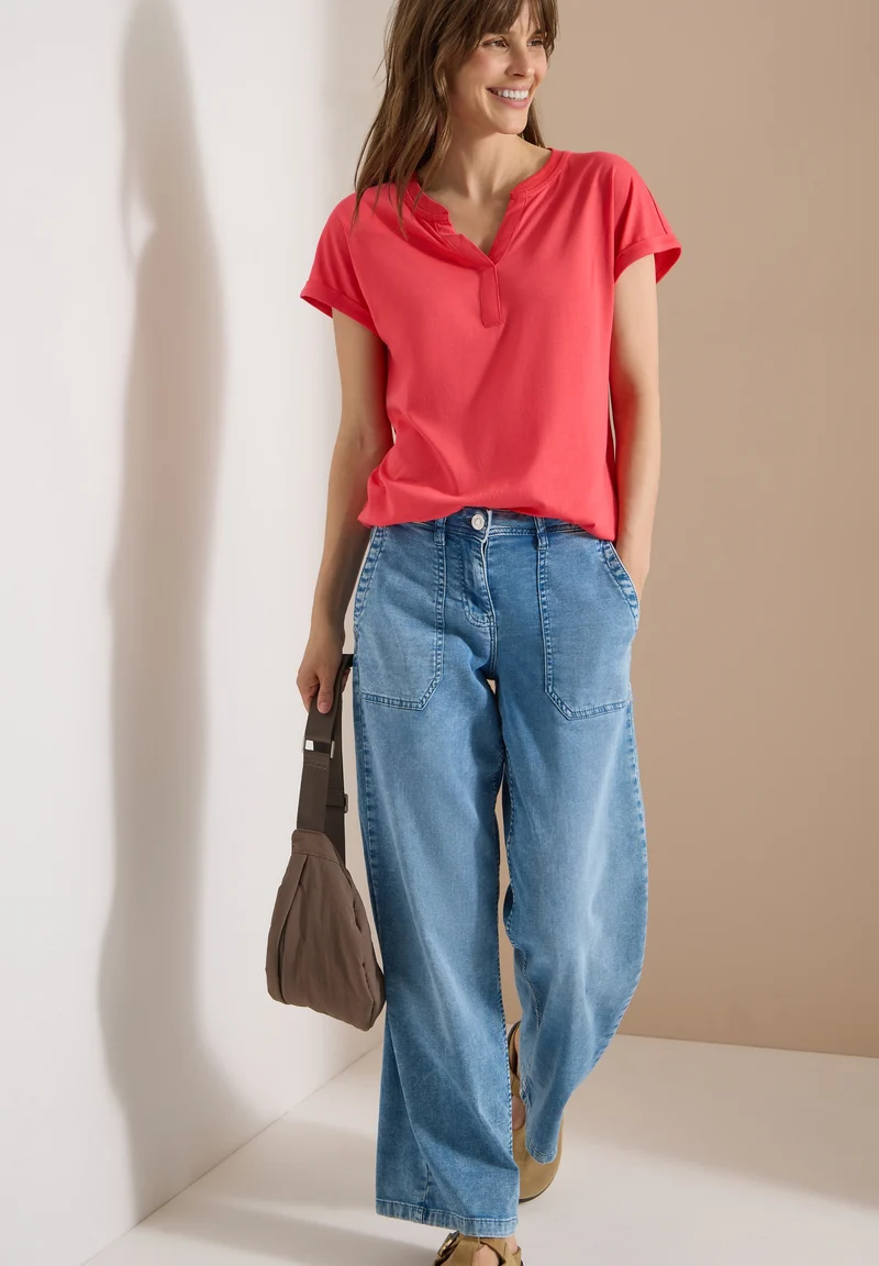 Solid Rib Collar Tunic, coral