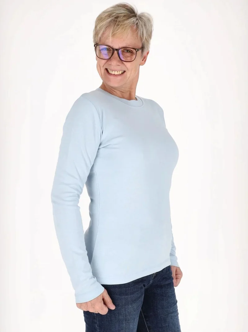 Blaues Damen Shirt mit 3/4-Arm & gewelltem Halsausschnitt