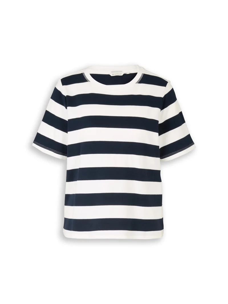 T-shirt boxy crew neck with pr, white navy bold stripe