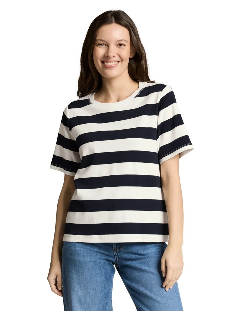 T-shirt boxy crew neck with pr, white navy bold stripe