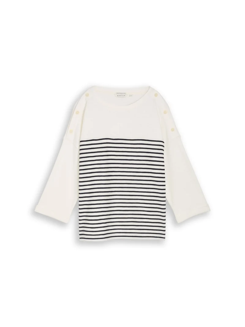 T-shirt shoulder buttons strip, offwhite navy blue stripe