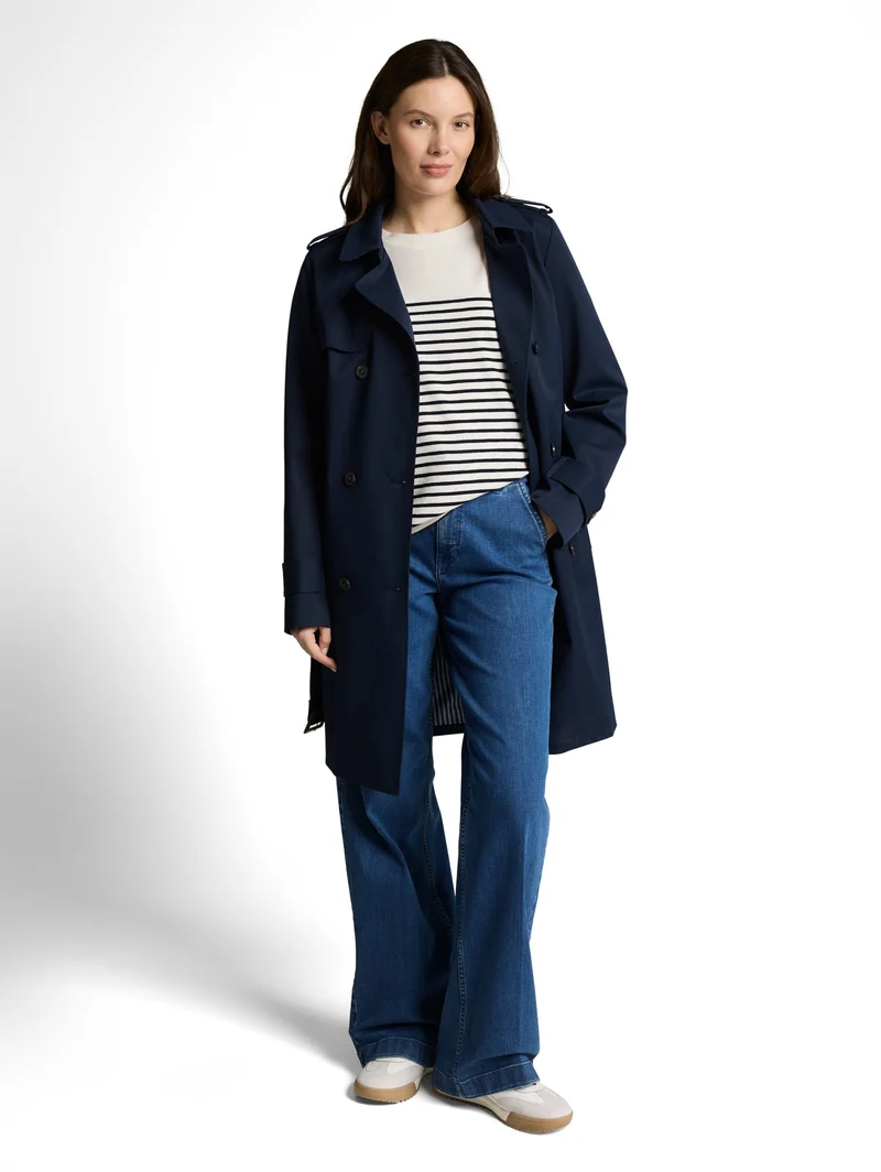 T-shirt shoulder buttons strip, offwhite navy blue stripe