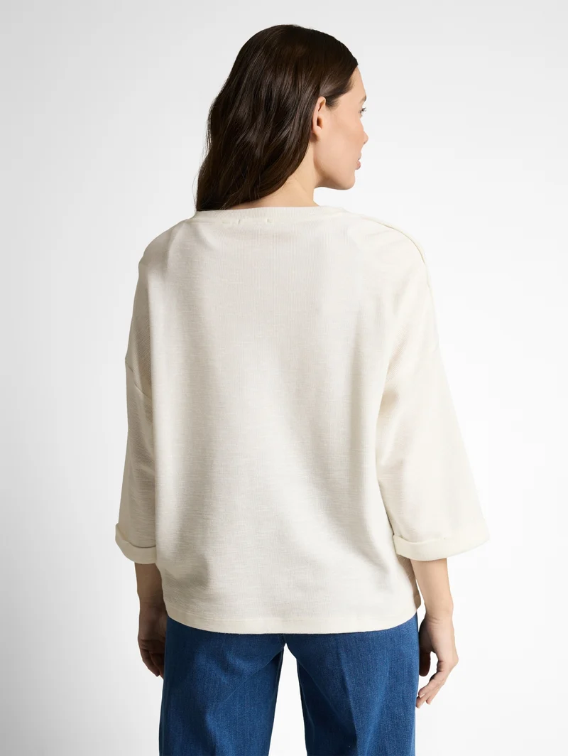 T-shirt shoulder buttons strip, offwhite navy blue stripe