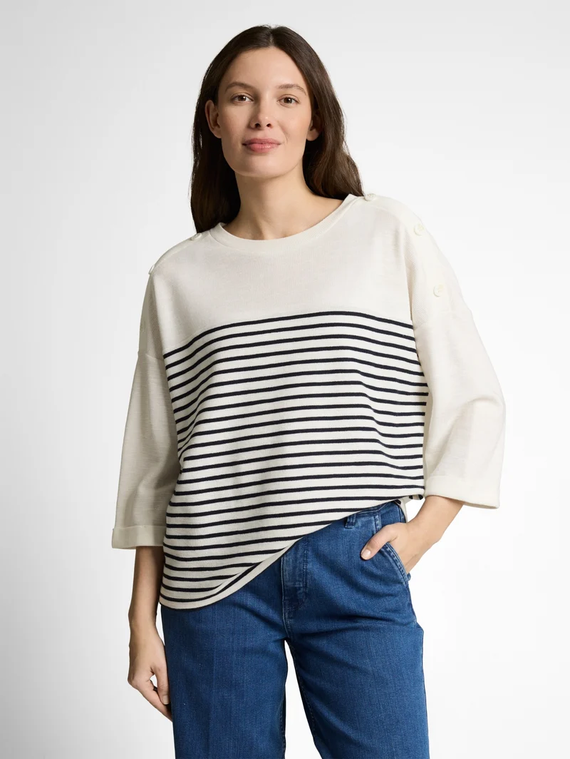 T-shirt shoulder buttons strip, offwhite navy blue stripe