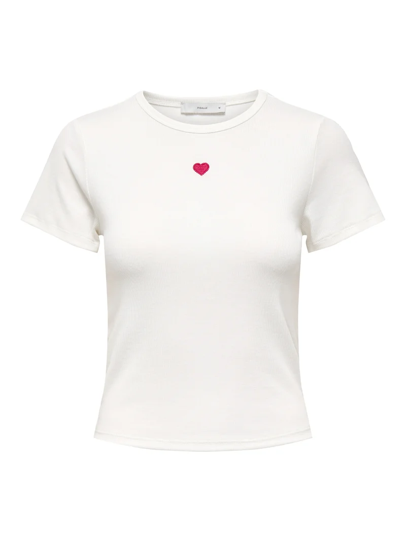 ONLELVA JUNE EMB S/S TEE JRS NOOS, Cloud Dancer/RED HEART