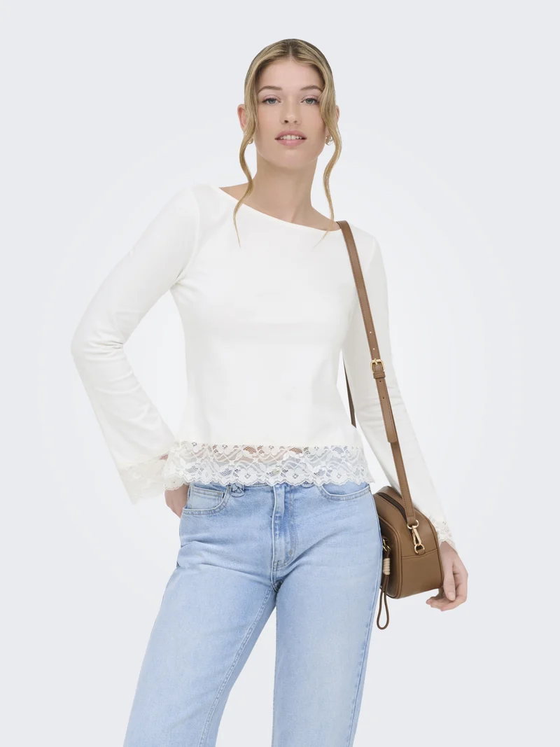 ONLLIVE LOVE L/S O-NECK LACE TOP CS, Cloud Dancer/Dtm lace