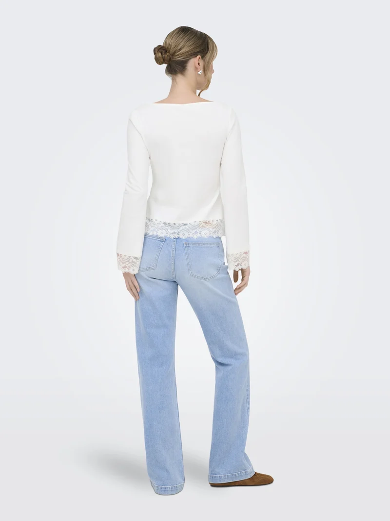ONLLIVE LOVE L/S O-NECK LACE TOP CS, Cloud Dancer/Dtm lace