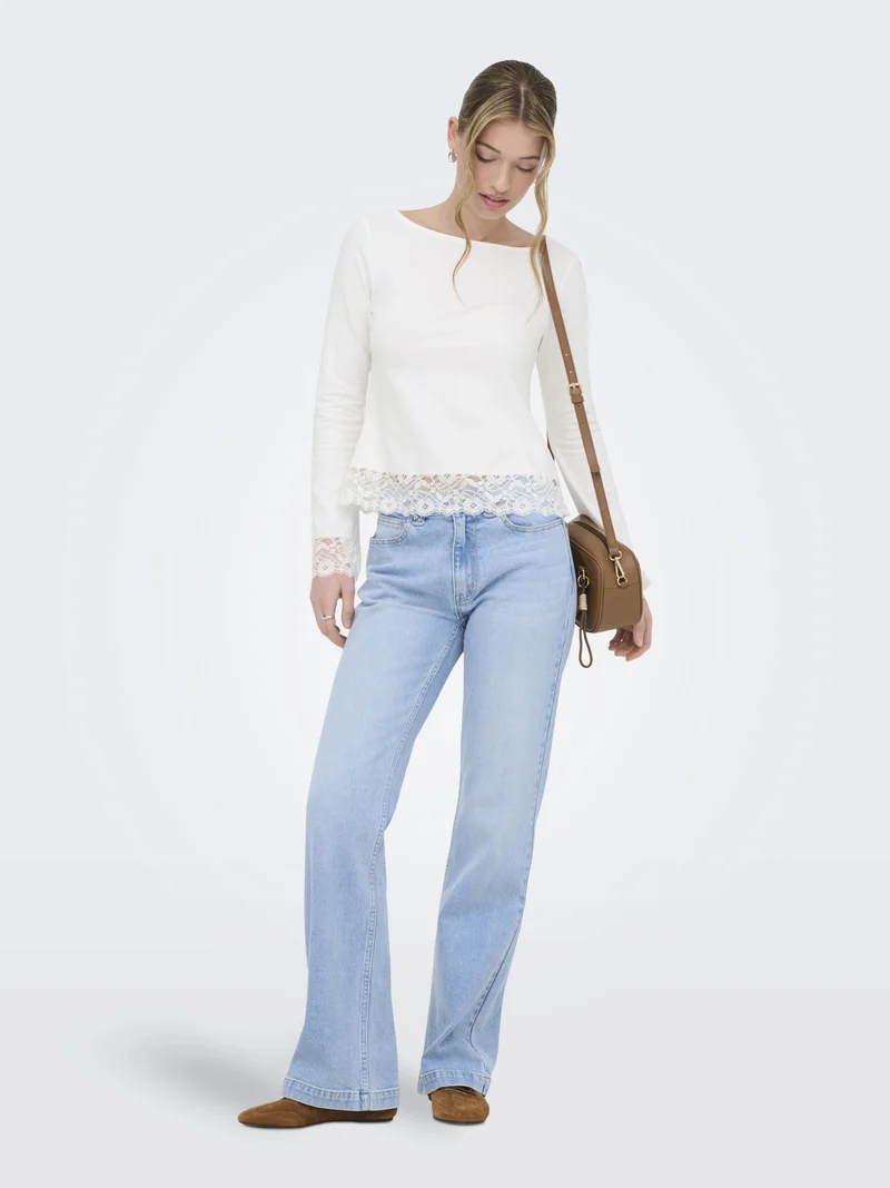 ONLLIVE LOVE L/S O-NECK LACE TOP CS, Cloud Dancer/Dtm lace