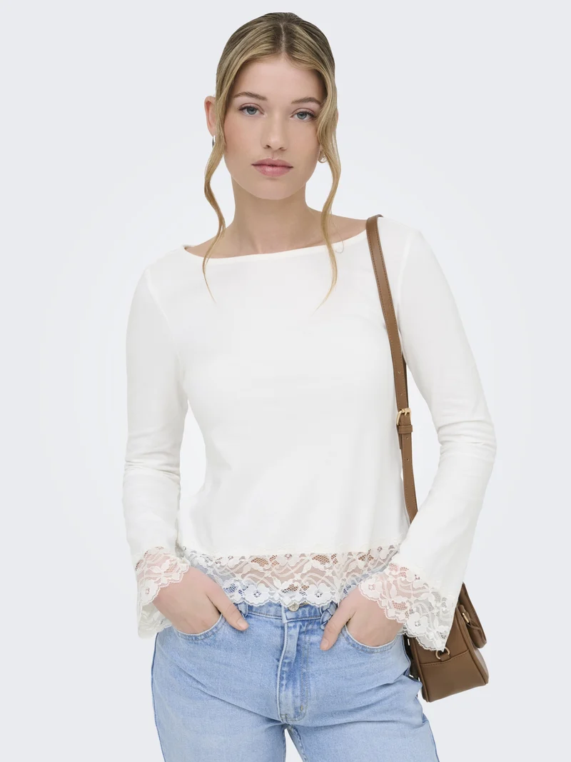 ONLLIVE LOVE L/S O-NECK LACE TOP CS, Cloud Dancer/Dtm lace