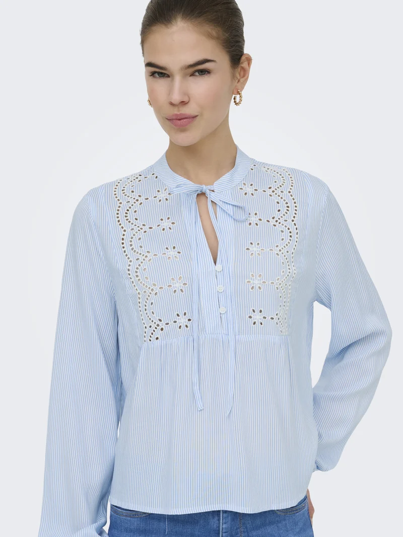 ONLLENNYO LS EMBROID V-NECK TOP NOO, Kentucky Blue/BRIGHT WHITE