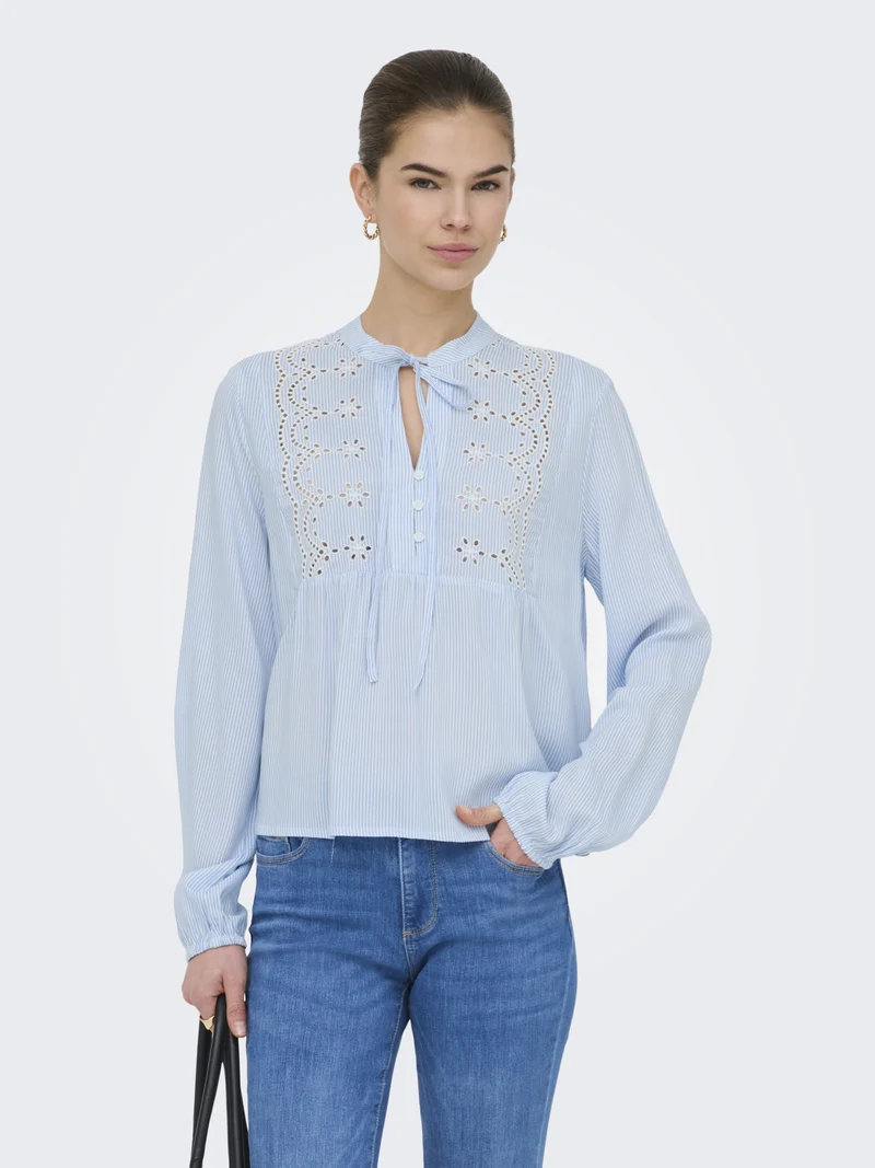 ONLLENNYO LS EMBROID V-NECK TOP NOO, Kentucky Blue/BRIGHT WHITE