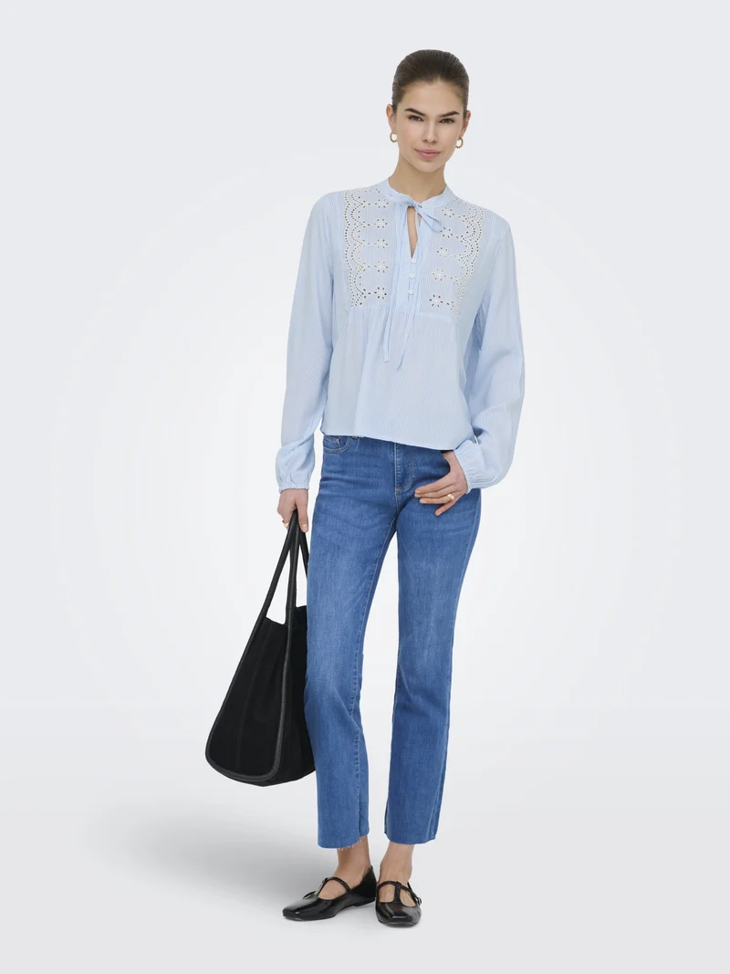 ONLLENNYO LS EMBROID V-NECK TOP NOO, Kentucky Blue/BRIGHT WHITE