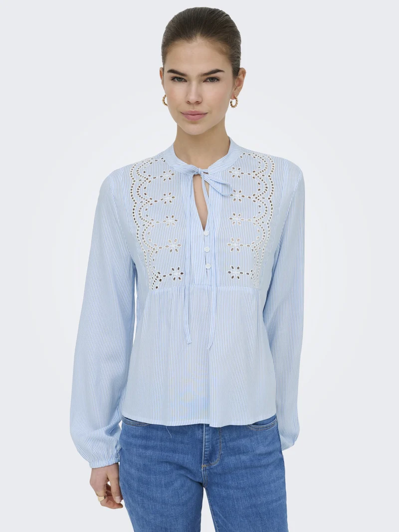 ONLLENNYO LS EMBROID V-NECK TOP NOO, Kentucky Blue/BRIGHT WHITE