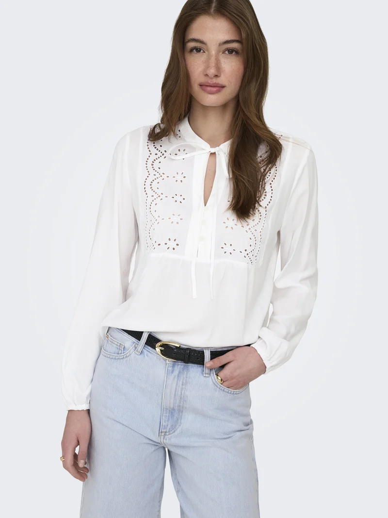 ONLLENNYO LS EMBROID V-NECK TOP NOO, Bright White