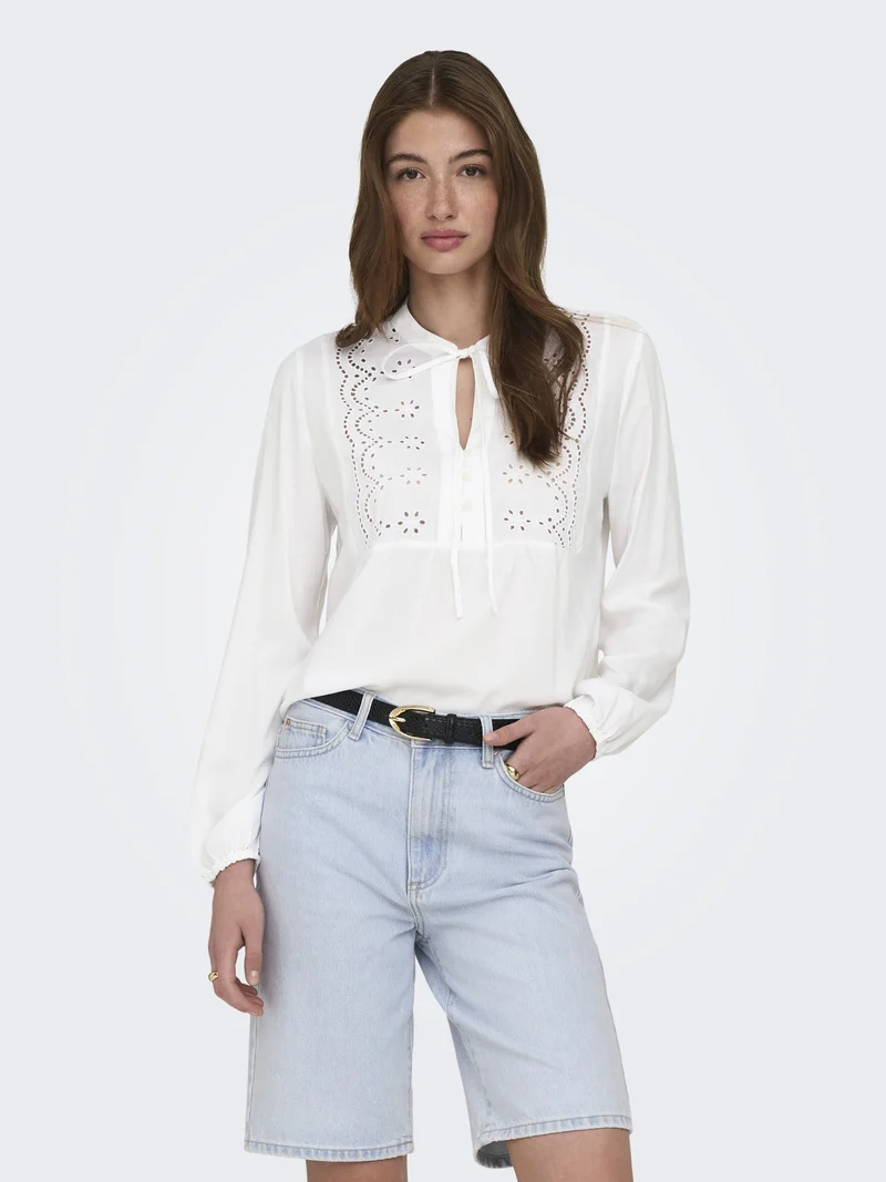 ONLLENNYO LS EMBROID V-NECK TOP NOO, Bright White