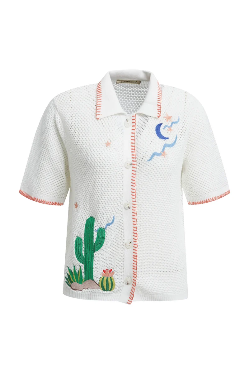 CROCHET CARDIGAN W PLACED ARTWORK, OFFWHITE