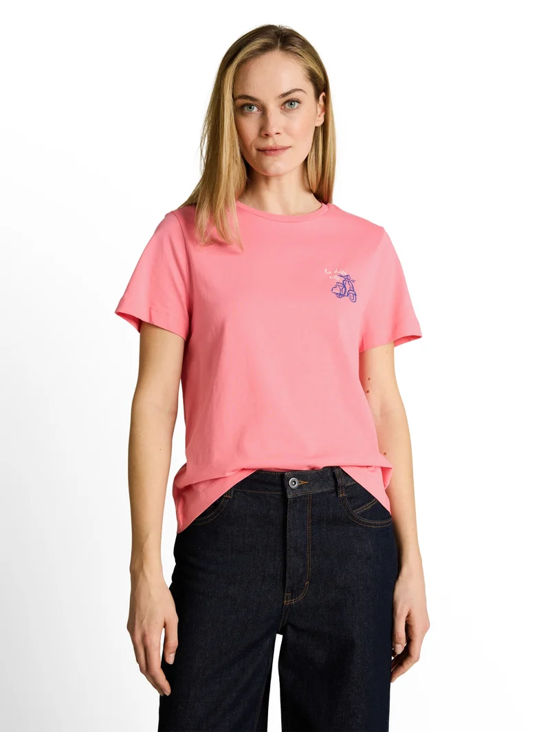 T-shirt basic crew neck print, soft fuchsia pink