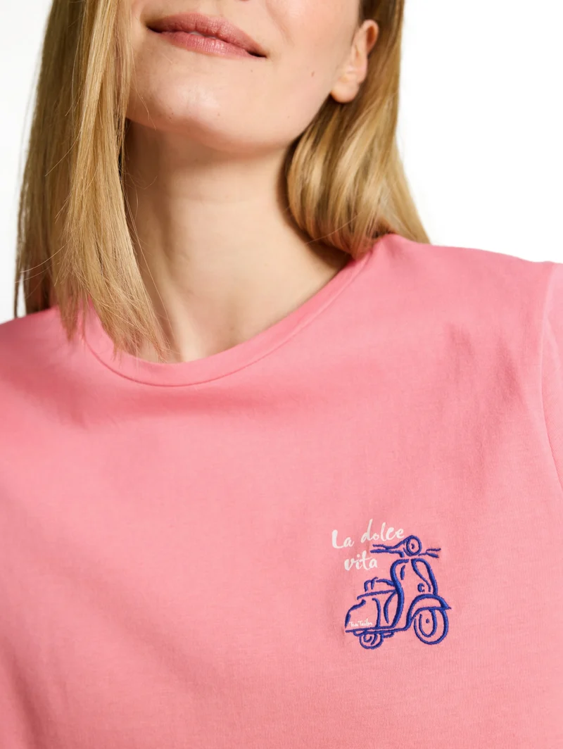 T-shirt basic crew neck print, soft fuchsia pink