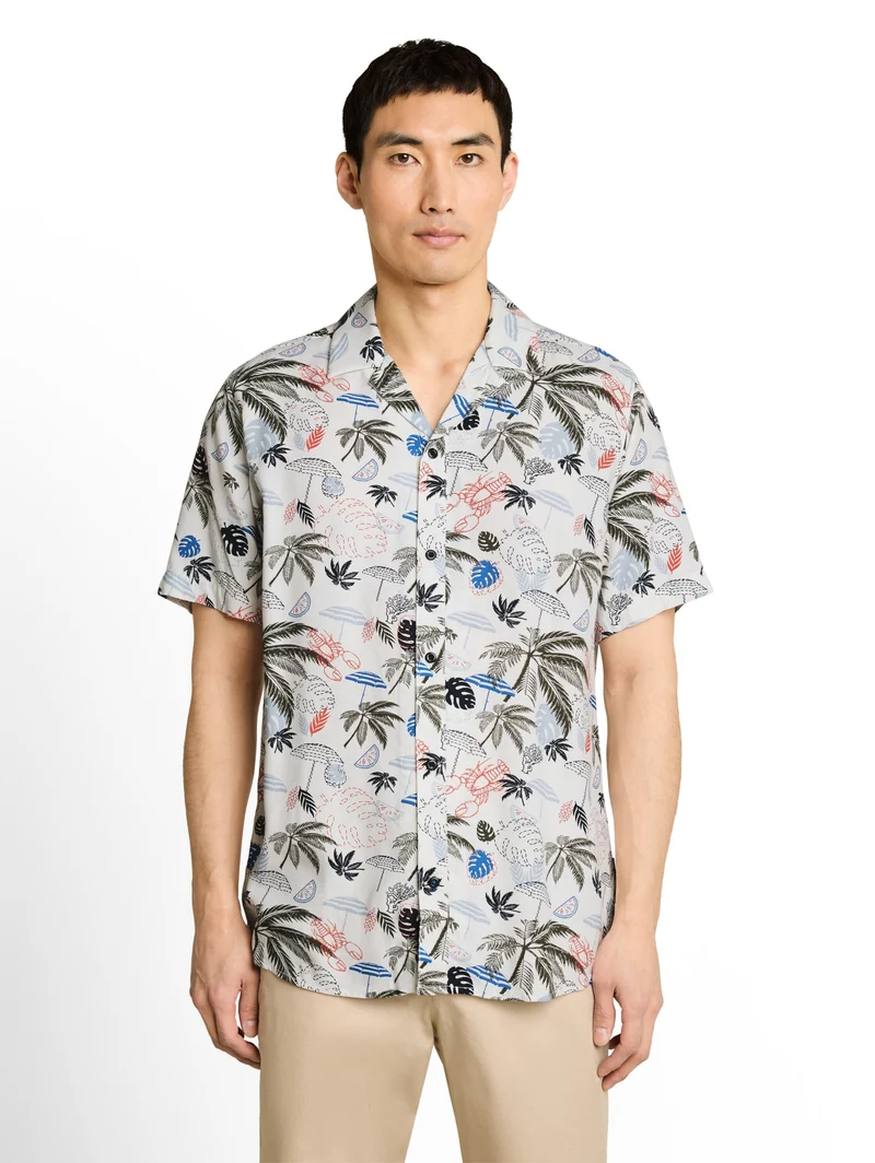 printed viscose twill shirt, off white beach design