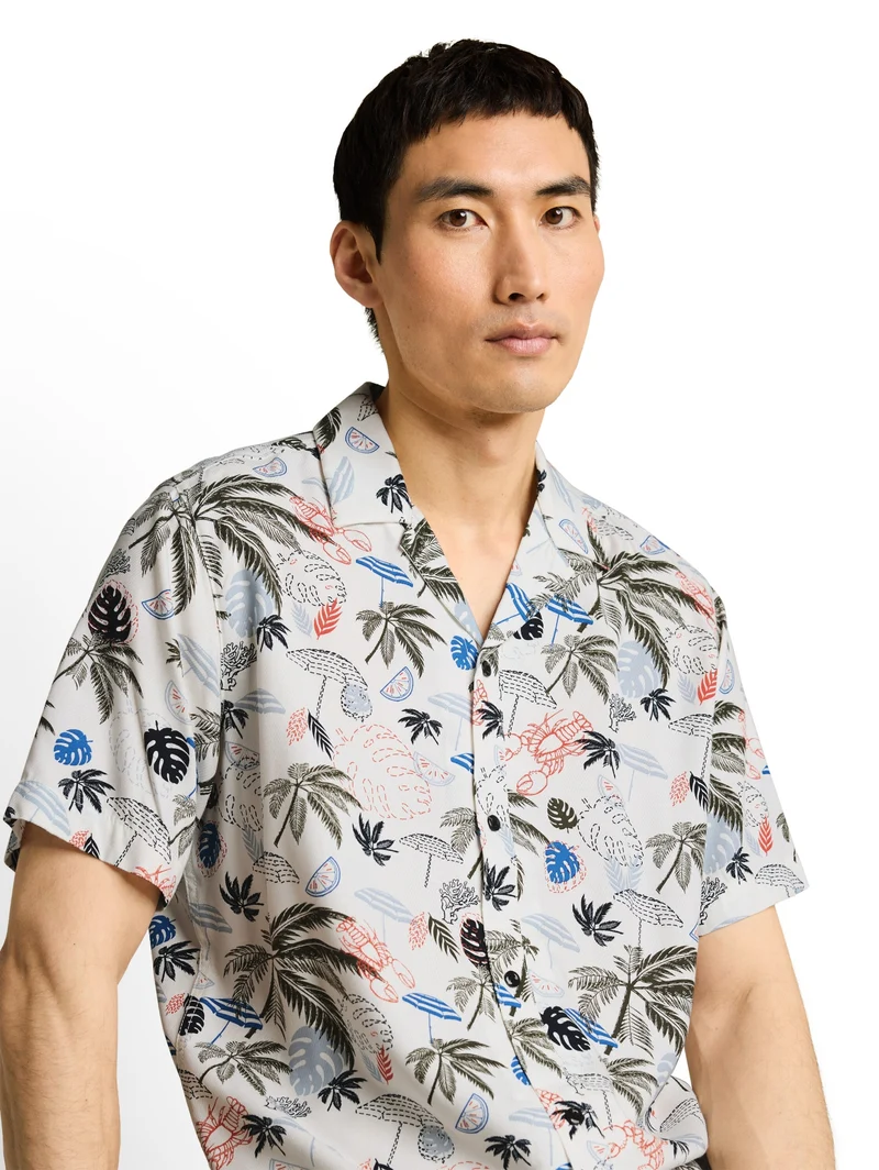 printed viscose twill shirt, off white beach design