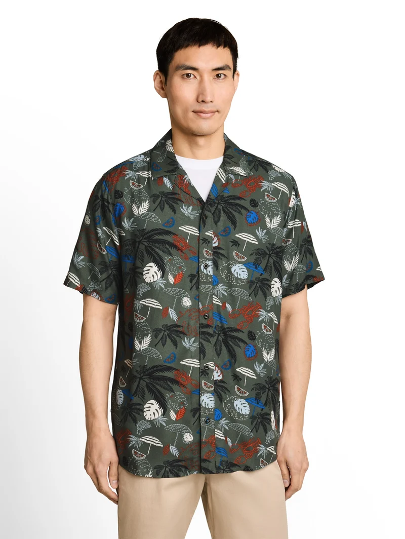 printed viscose twill shirt, leaf green beach design