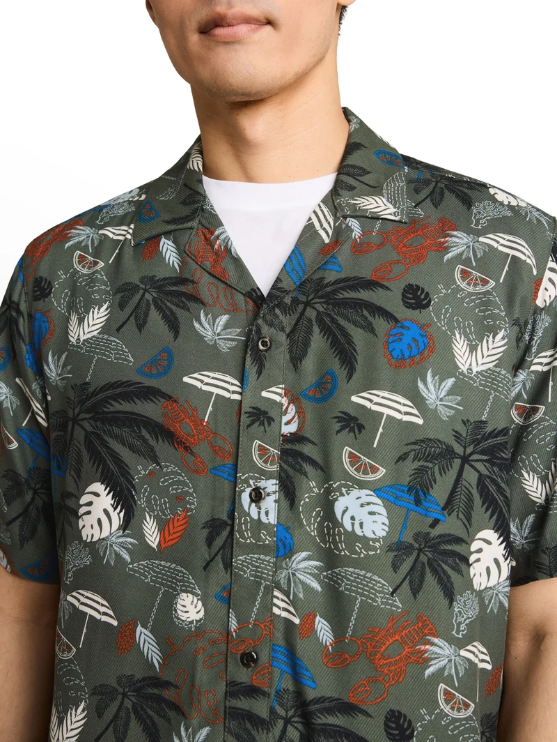 printed viscose twill shirt, leaf green beach design