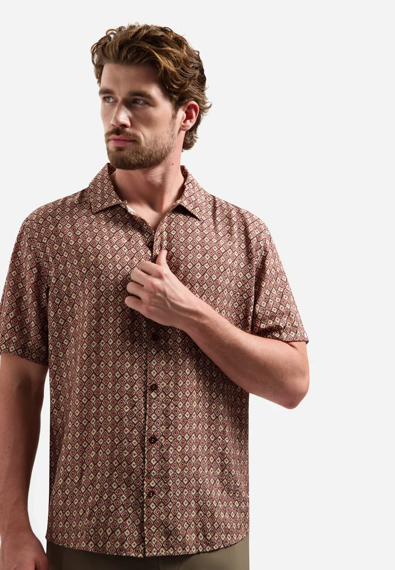 Shirt Short Sleeve Allover Printed, Coral