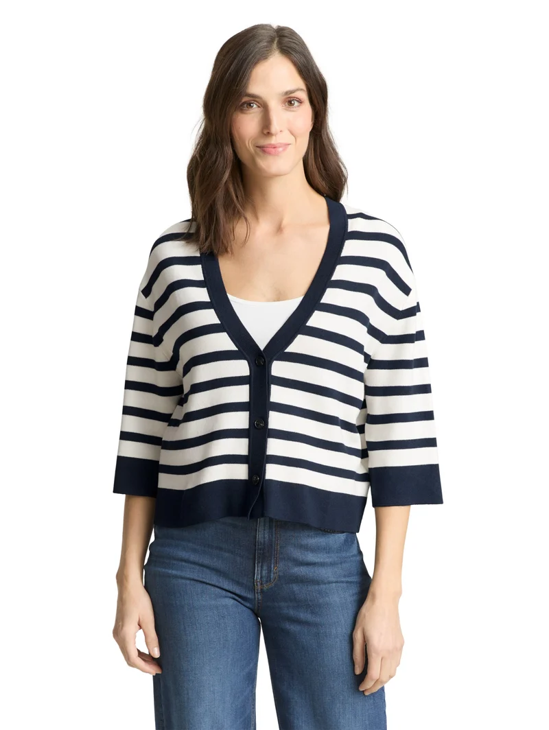 knit milano cardigan, white sky blue knit stripe