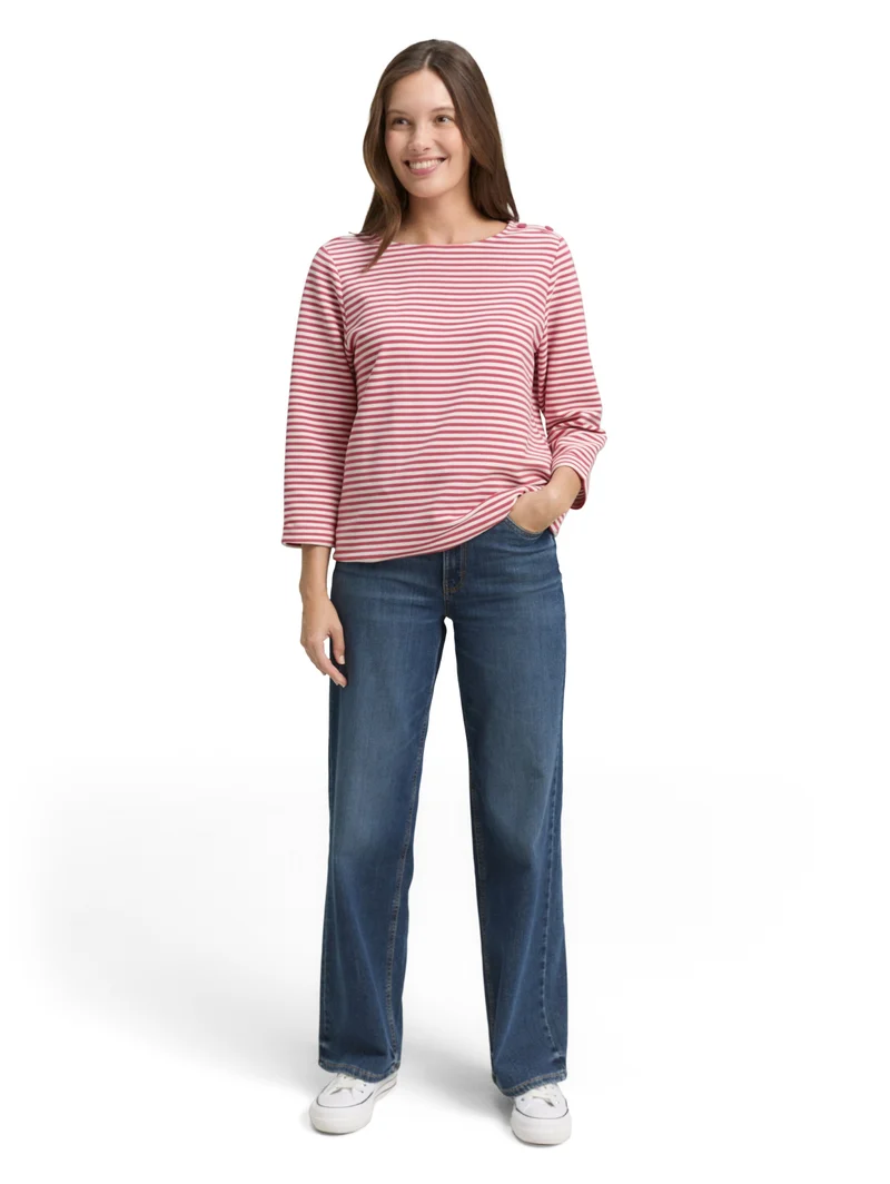 T-shirt structured, pink offwhite regular stripe