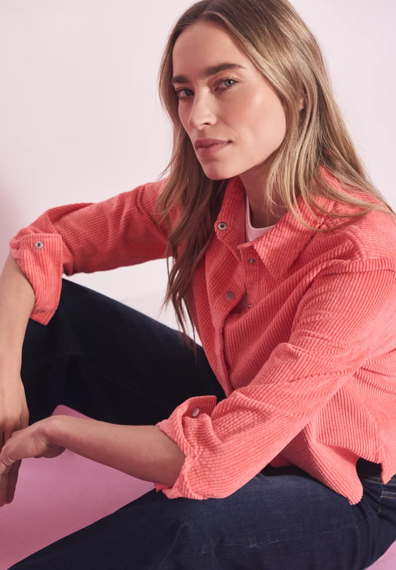 QR Corduroy shirtcollar blouse, striking coral
