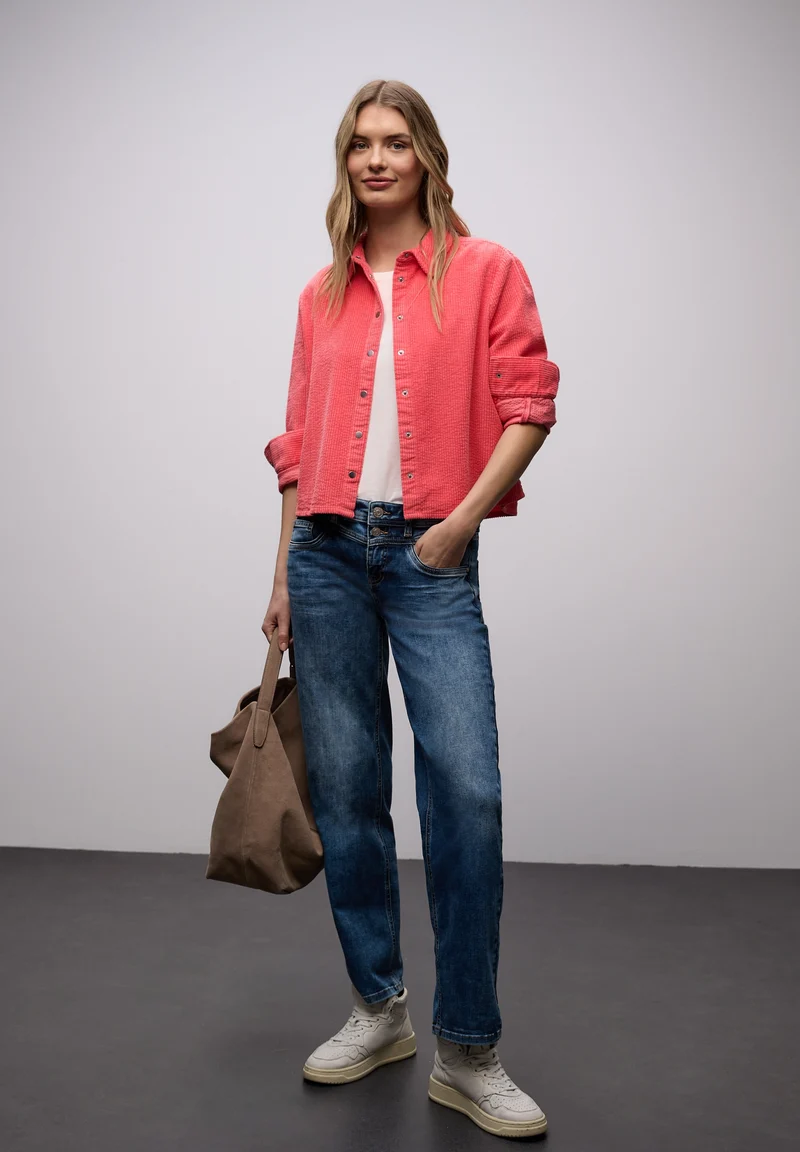 QR Corduroy shirtcollar blouse, striking coral