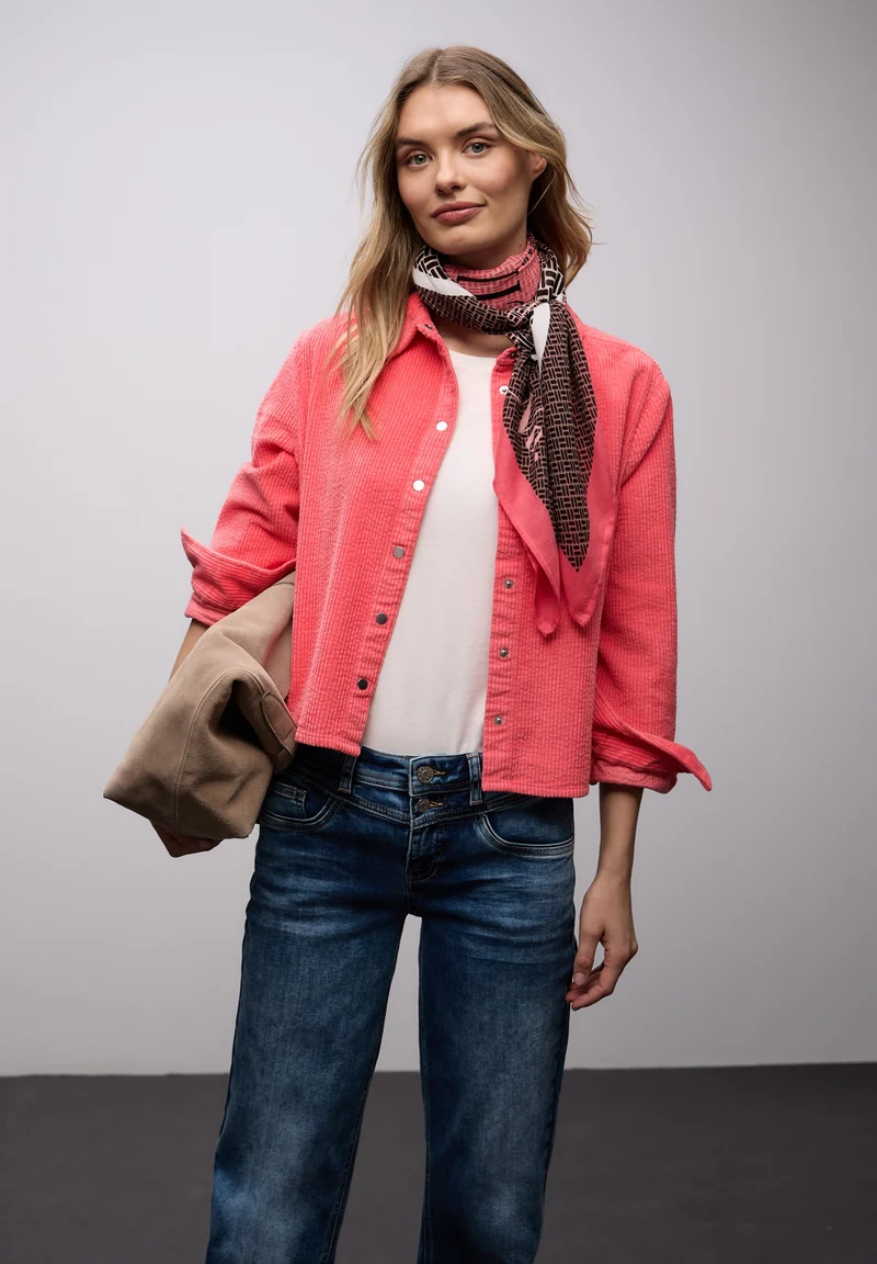 QR Corduroy shirtcollar blouse, striking coral