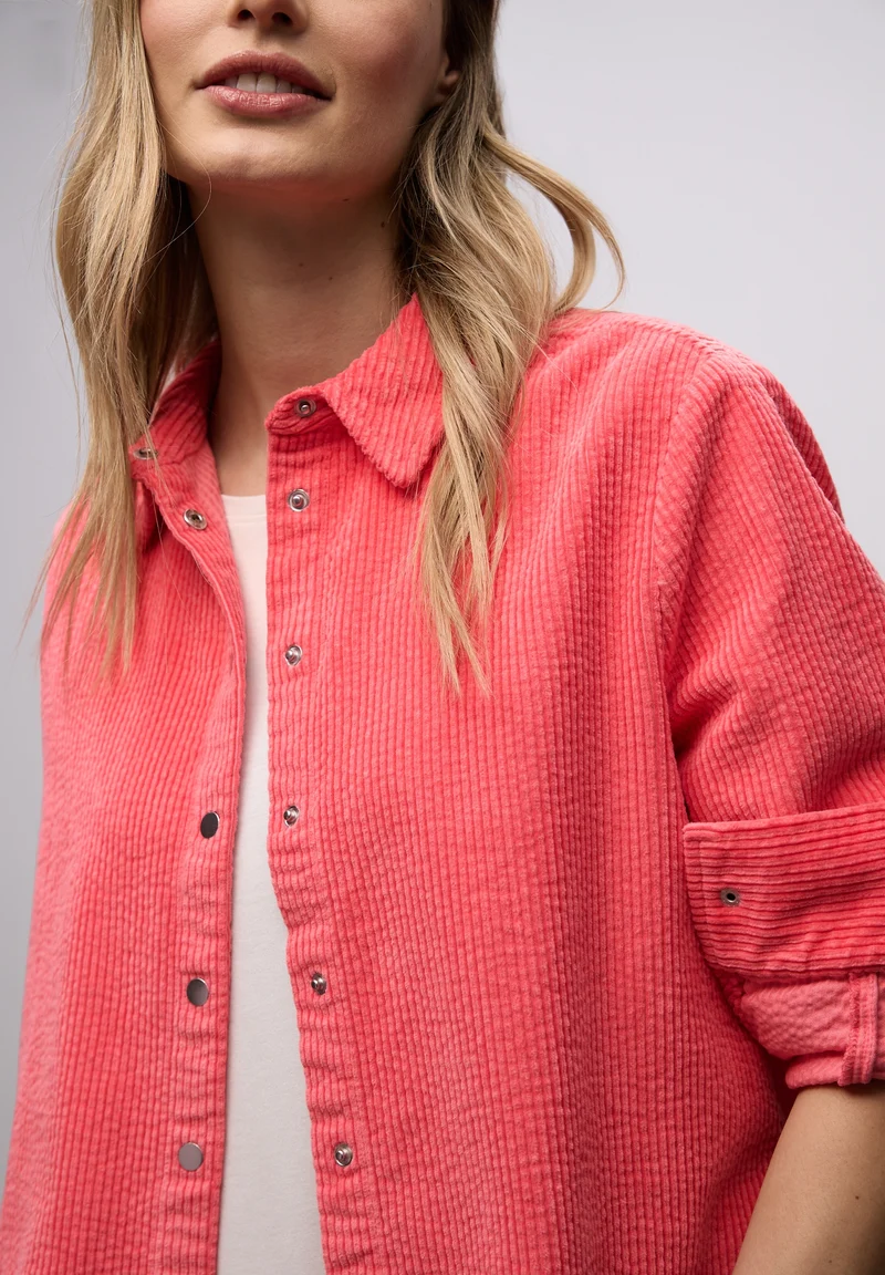 QR Corduroy shirtcollar blouse, striking coral