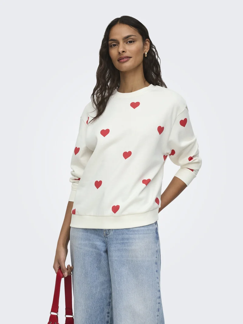 JDYNANNA LIFE L/S TEXT SWEAT JRS DI, Cloud Dancer/RED HEART