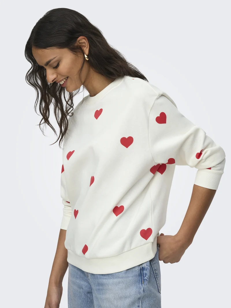 JDYNANNA LIFE L/S TEXT SWEAT JRS DI, Cloud Dancer/RED HEART