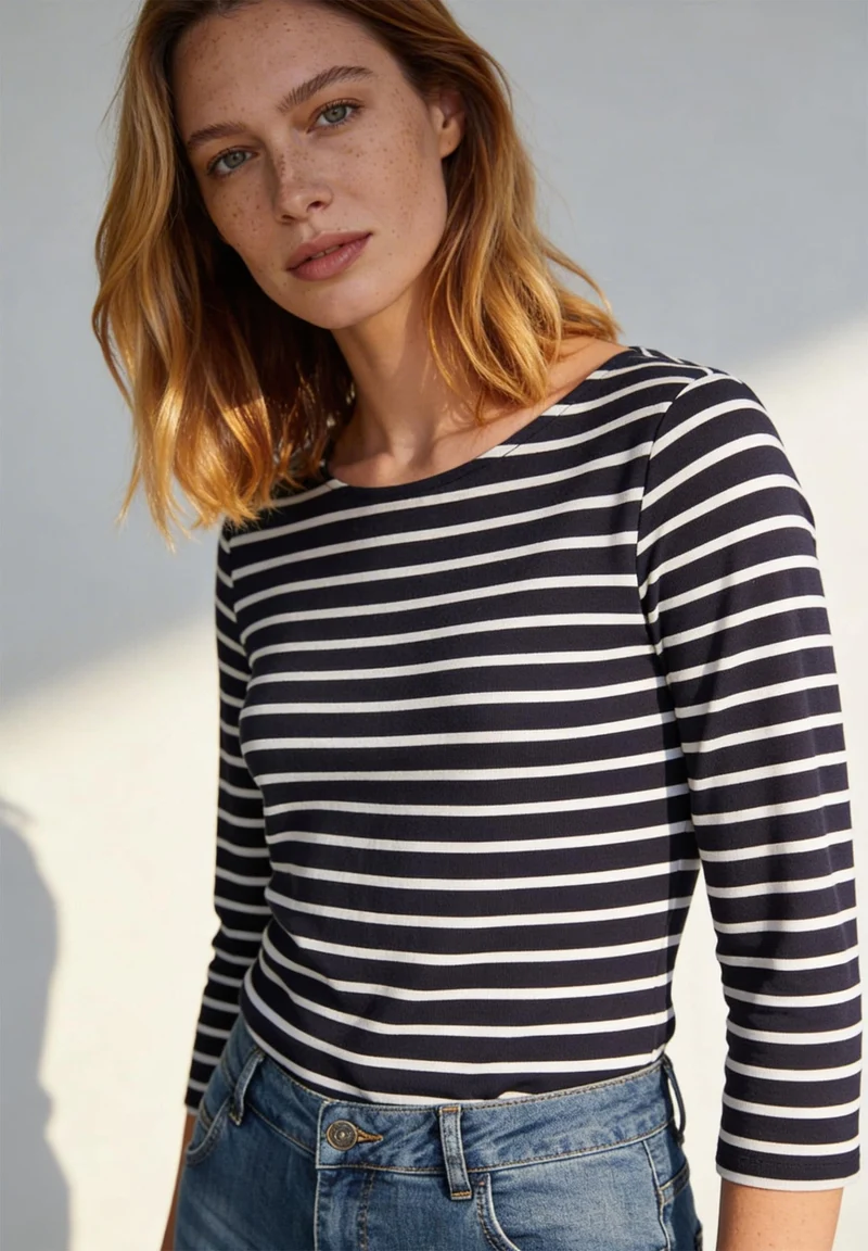 Striped Shirt, 3/4 Sleeve, marine offwhite irregular stripe je