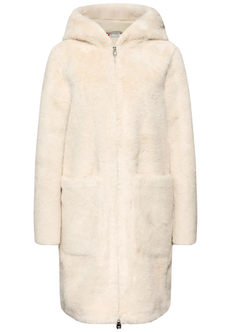 Fake Fur Coat w. Hoody, pastel sand