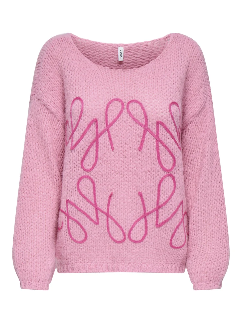 ONLALYSSA LIFE LS EMB O-NECK KNT, Sea Pink/Knockout Pink Text