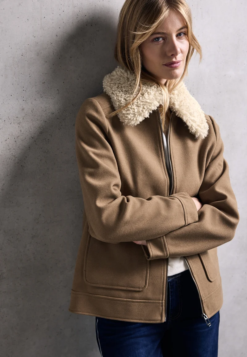 Studio Short Fake Wool Jkt w., COOKIE BROWN