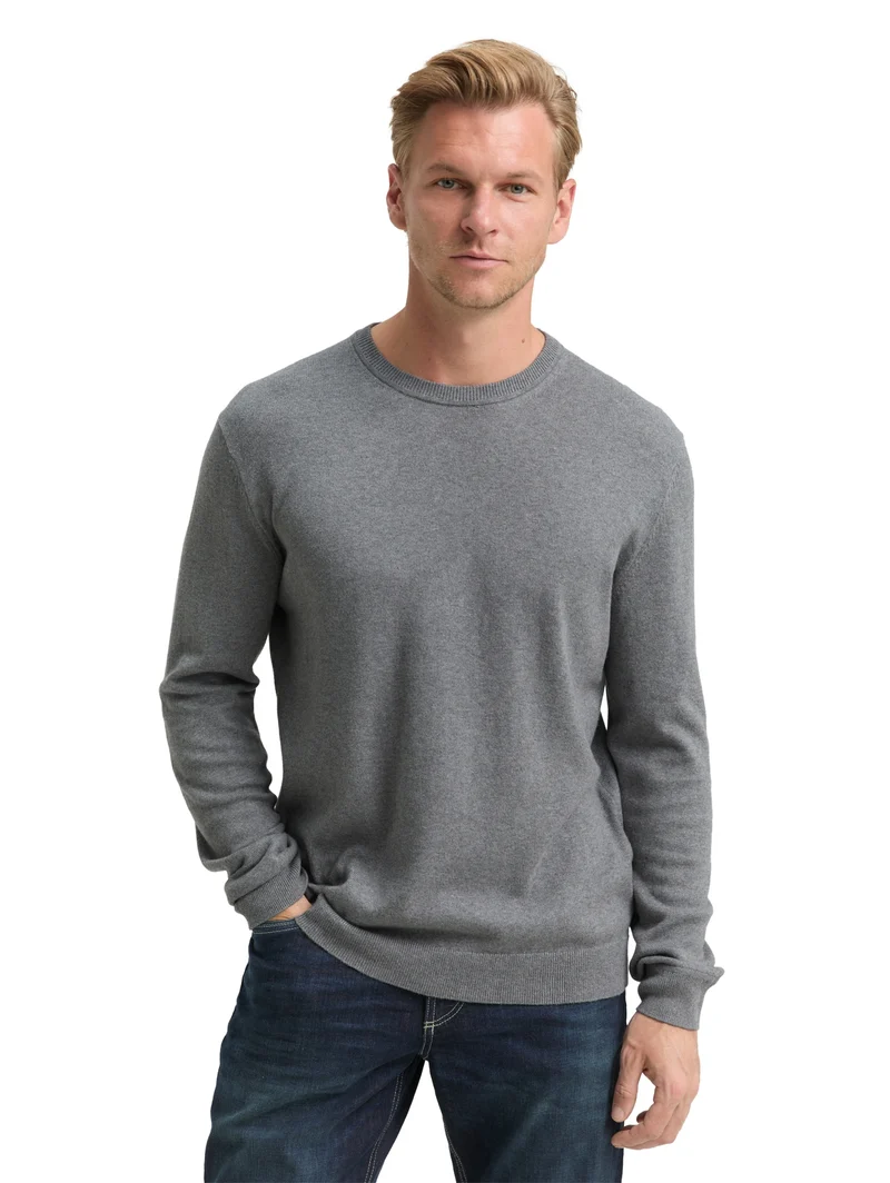 cotton cashmere crewneck knit, classic dark grey melange