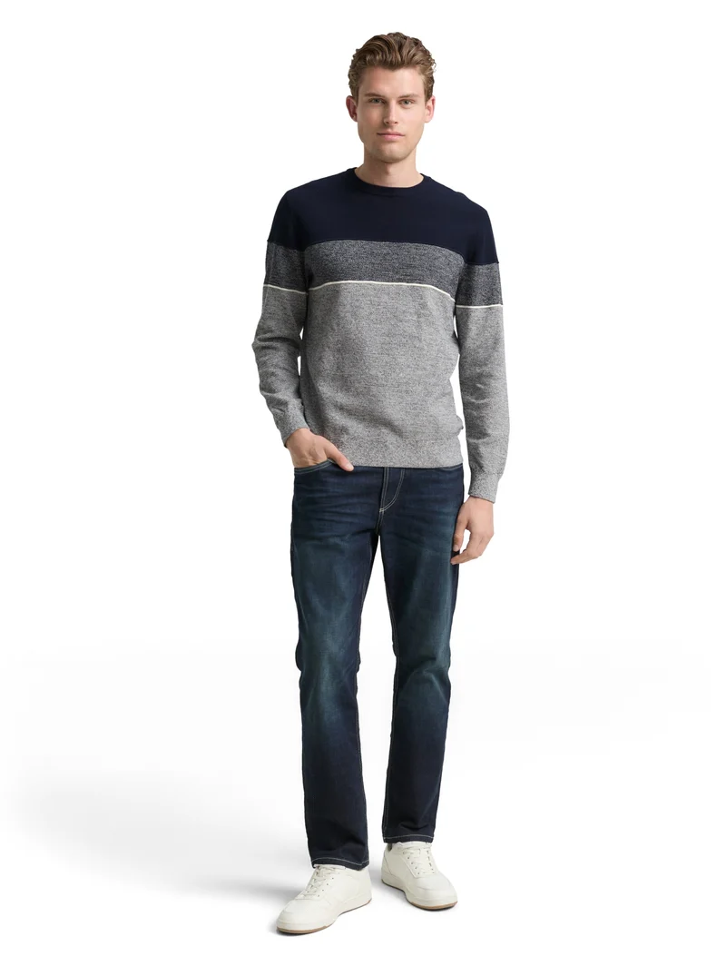 knit stripe crew neck pullover, navy offwhite white stripe