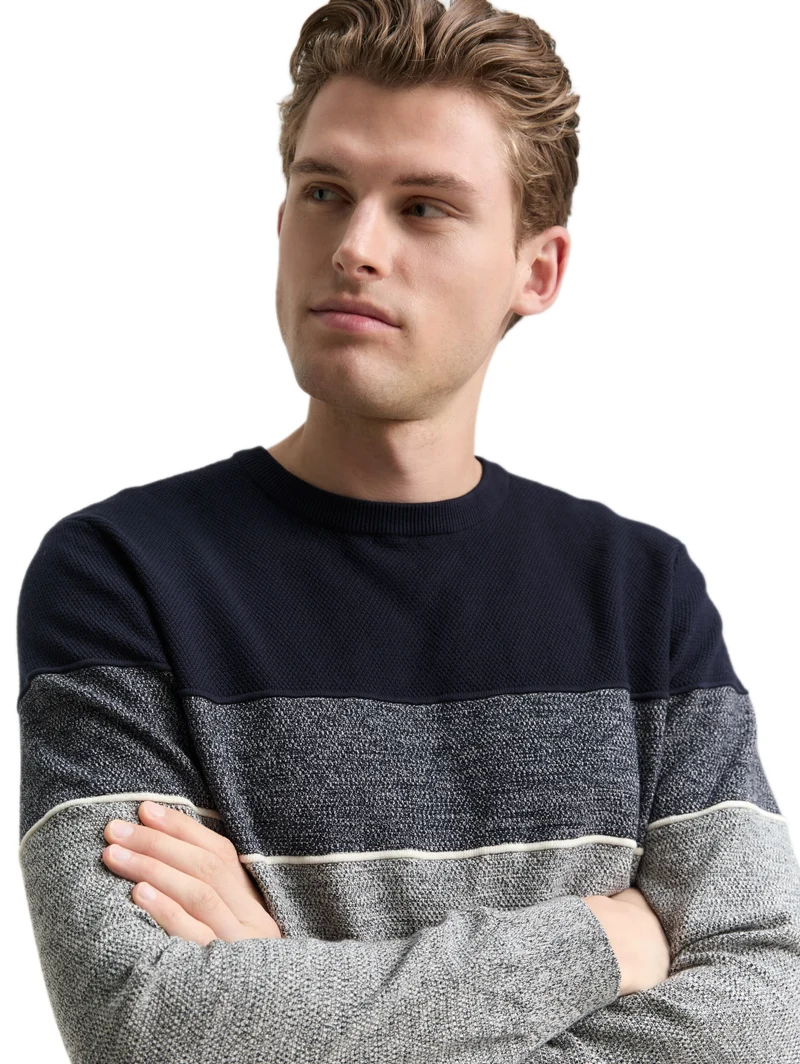 knit stripe crew neck pullover, navy offwhite white stripe